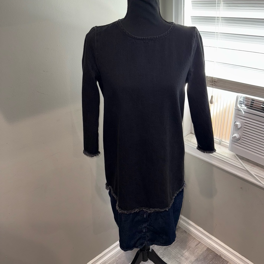 Zara‎ Denim Black Long Sleeve Dress with Frayed Edges
